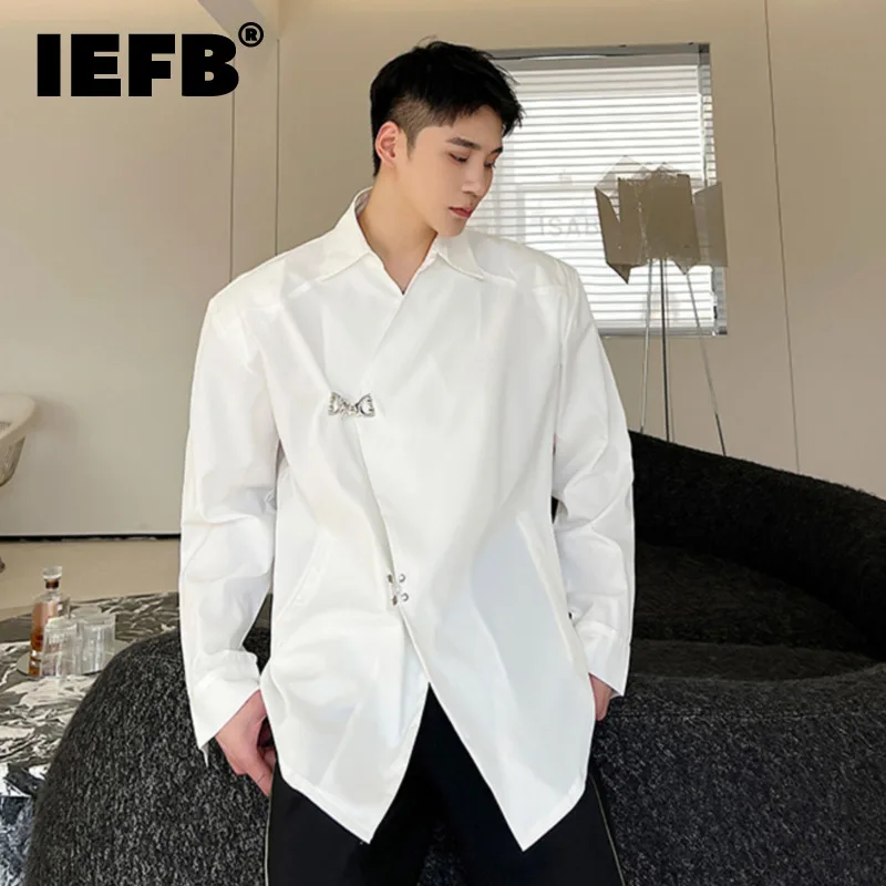 

IEFB Autumn New Men's Shirt Fashion Personality Asymmetric Shirts Metal Decoration Loose Casual Solid Color Male Tide Top 9A7983