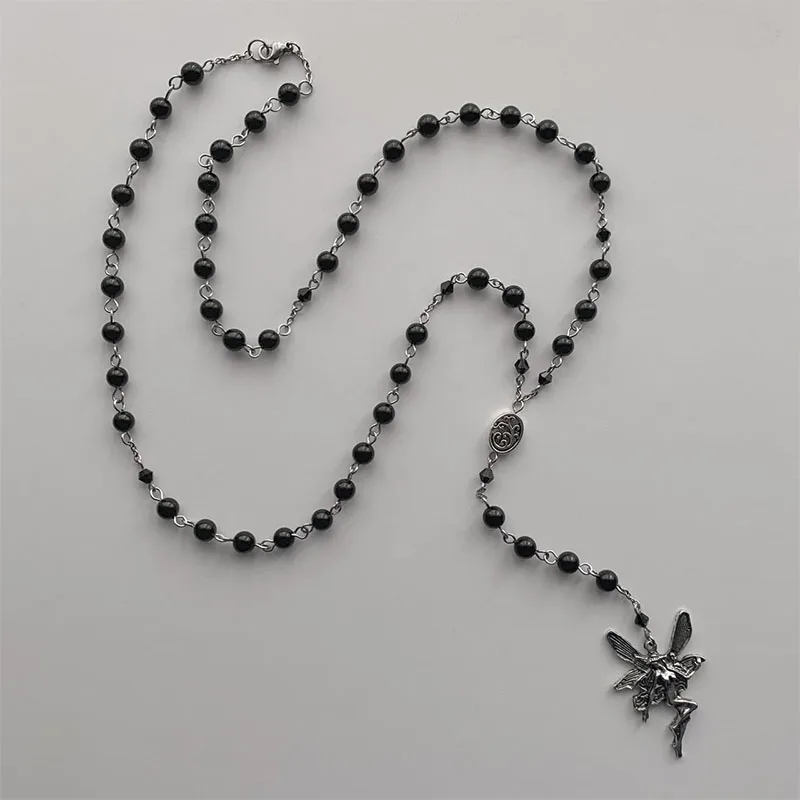 

Rosary inspired necklace made with fairy pewter charm hand-linked with black gemstone beads stainless steel lobster clasp