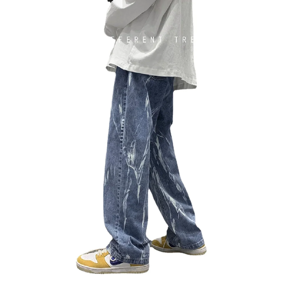 ICCLEK Retro Washed Jeans Autumn Men's Jeans Fashion Wide-leg Pants Loose Straight-leg Pants Patchwork Jeans