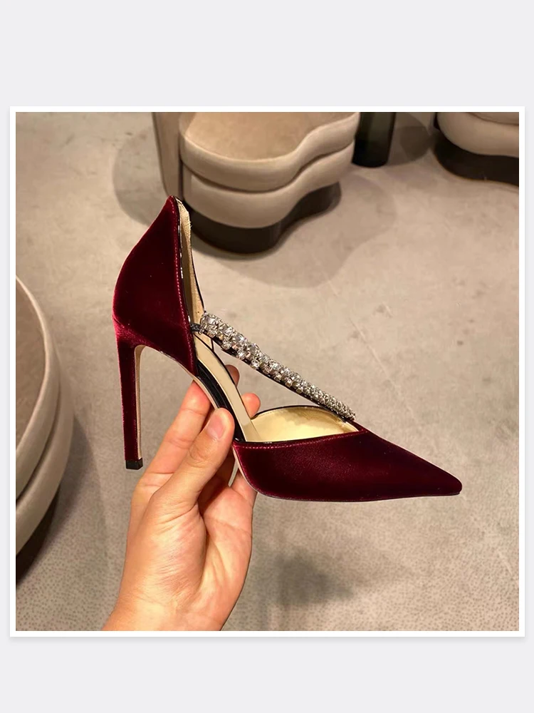 UVRCOS украшенные кристаллами винные красные туфли на высоком каблуке женские с