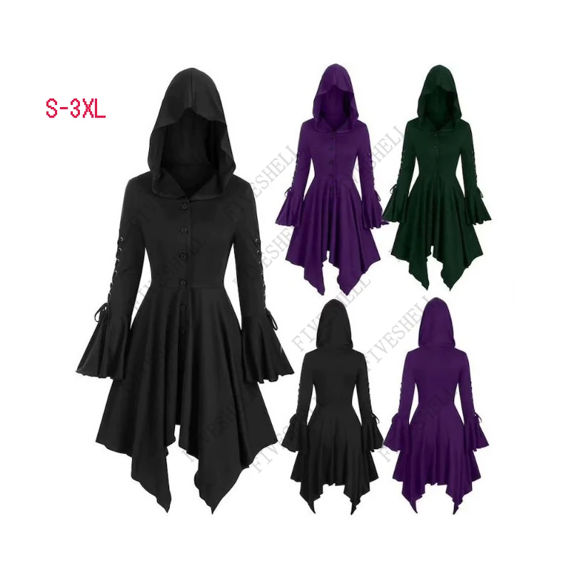 Spring and Autumn 2023 Gothic Lace Up Hooded Ruffle Sleeves Bandage Irregularly Placed Buttons Women's Cloak Coat Cosplay Dress