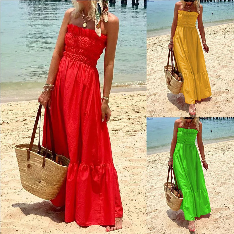 

Solid color Dress Women Ruffles Backless Dress New Fashion Summer Beach Dress Vestidos