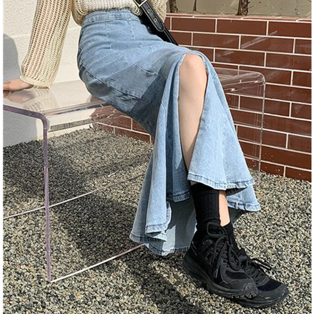 

Длинная женская джинсовая юбка в Корейском стиле Харадзюку, макси юбка-годе, летняя повседневная женская джинсовая юбка-годе для женщин