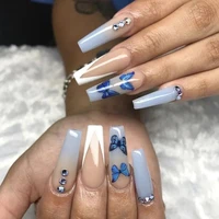 24pcsset blue butterfly french wearing ballerina manicure fake nail patch press on full coverage acrylic long false nails tips