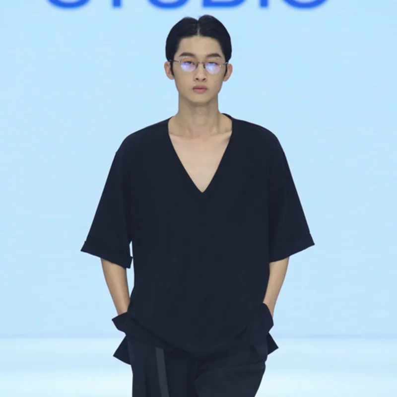 Men's Loose V-Neck Shirt 2022 Summer Temperament Japanese Style Simple Casual 5-Sleeve Hemmed Versatile Shirt Trend