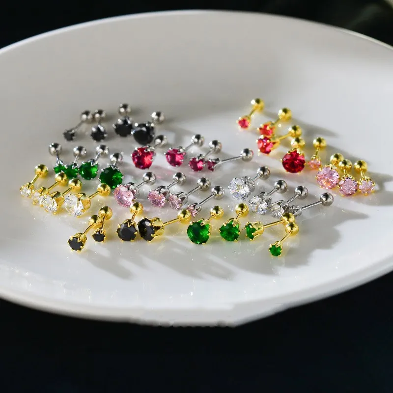 

925 Sterling Silver Stylish Simple Inlaid Colored Zircon Geometry Stud Earrings for Women Jewelry Tiny Dot Small Earring