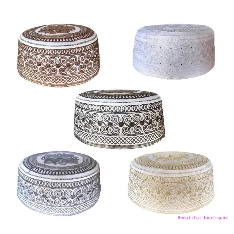 

Men Prayer Hat Embroidery SaudiArabia Islamic Hat Breathable Jewish Cap Round Skull Hat Men Arabia Indian Turban Hat DropShip