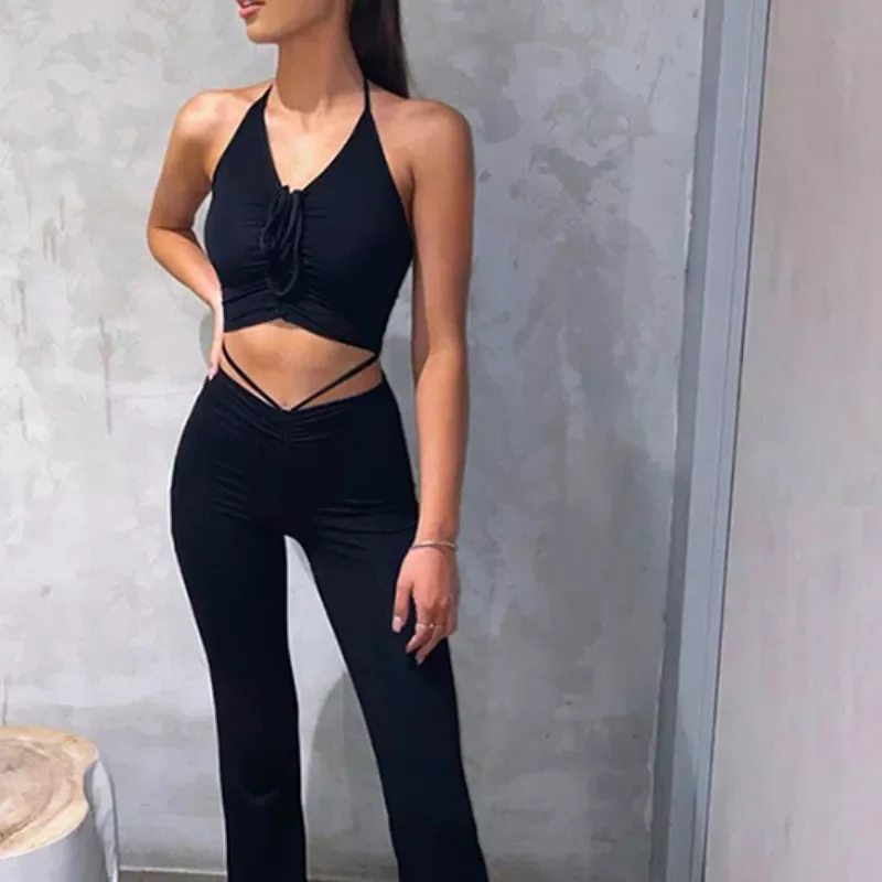 

Women Tracksuits Summer Sexy Solid Color Slim Stretch 2PCS Halter Backless Crop Top+Ruched High Waist Pants Lace-up Clothes Club