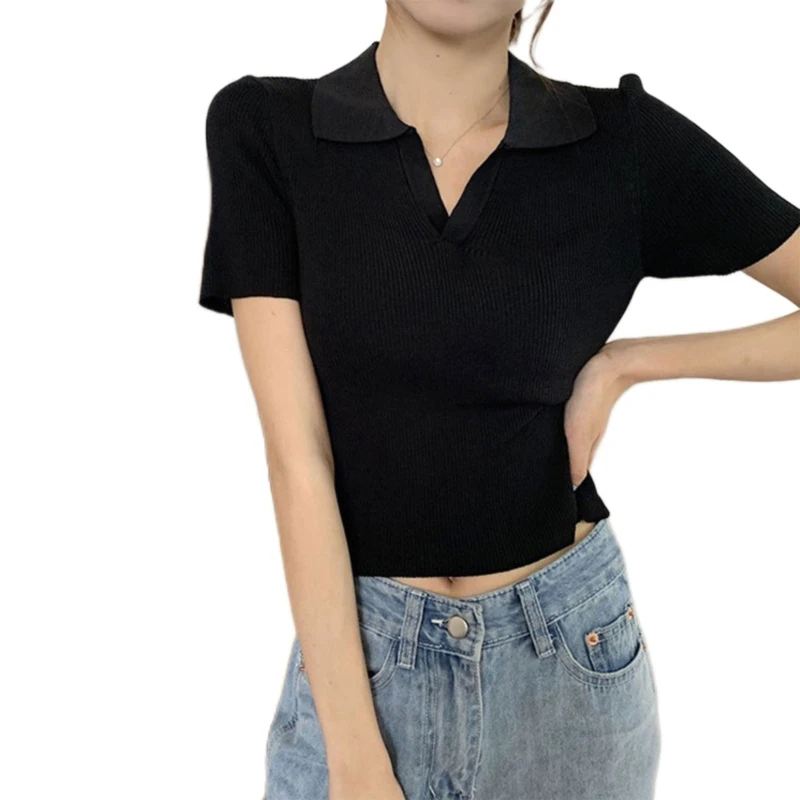 

Women's Lapel V Neck Short Sleeve Striped Crop Top T-Shirts Ladies Women Clothings DXAA