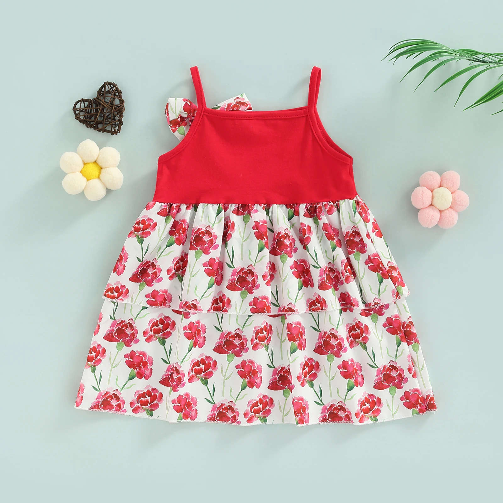 

Повседневное летнее платье для маленьких девочек, многослойное красное лоскутное платье без рукавов с принтом роз для отпуска