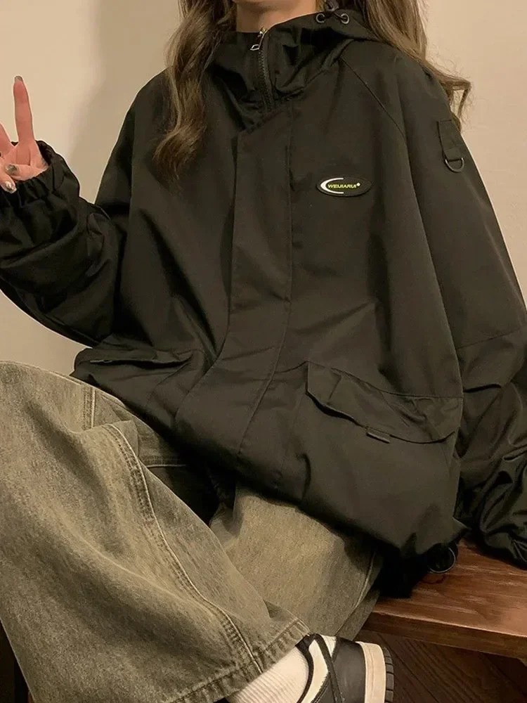 Женская куртка с капюшоном Y2K Корейская уличная одежда ветровка на молнии
