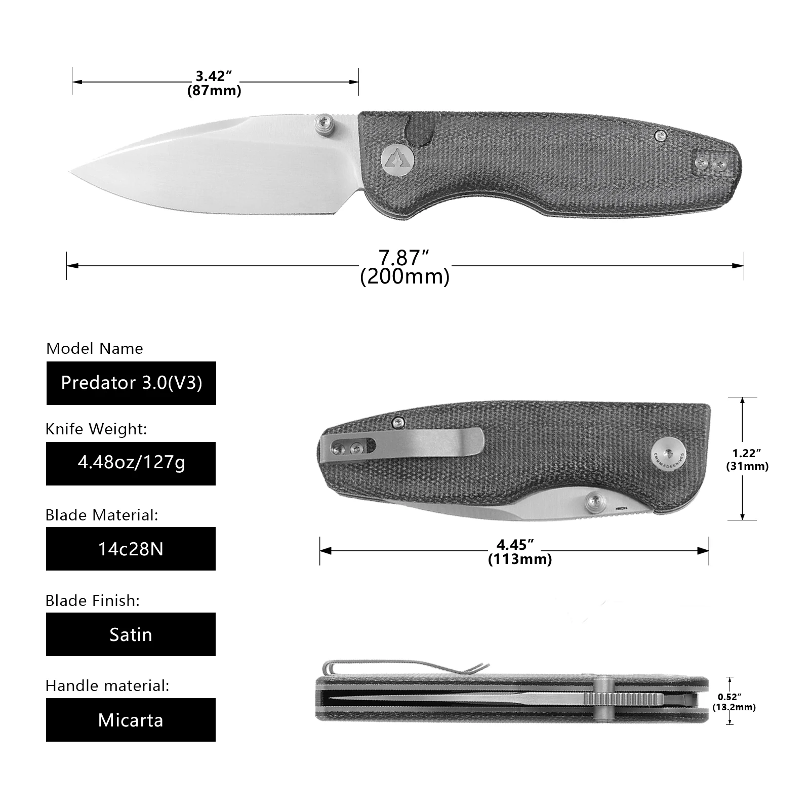 Фото CMBMADEKNIVES PredatorV3 Micarta Handle 14C28N Стальной тактический нож для выживания и кемпинга на открытом воздухе Карманный складной нож EDC CMB-19C №4