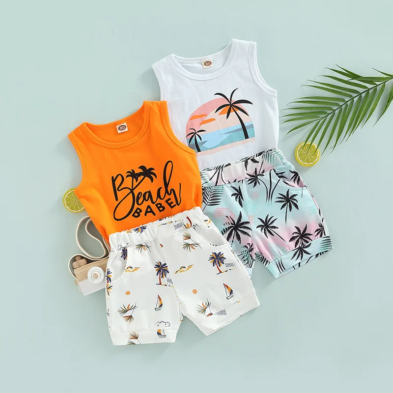 

Toddler Boys Summer 2pcs Outfits Letter/tree Printed Short Sleeve Round Neck Vest + Elastic Waist Tree Printed Short Pants
