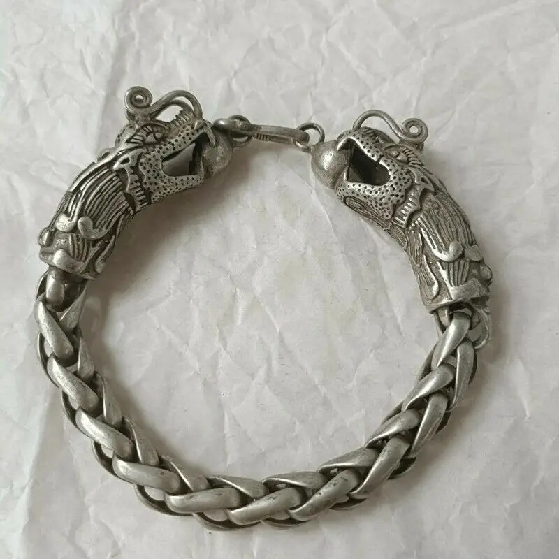 Exquisite Old Chinese tibet silver handmade Dragon head Bracelet 60257