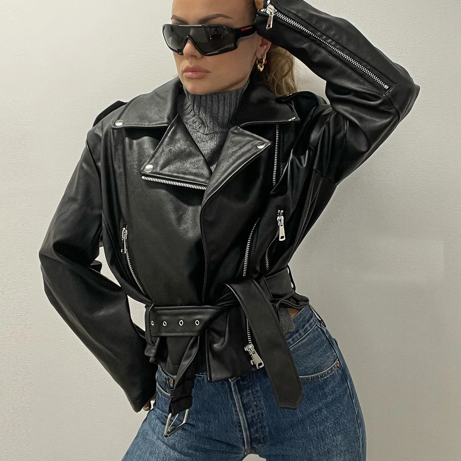 Kohuijoo Green PU Leather Jacket Women 2022 Autumn Fashion Short Slim Loose Coat Belt Short Ladies Motorcycle jackets