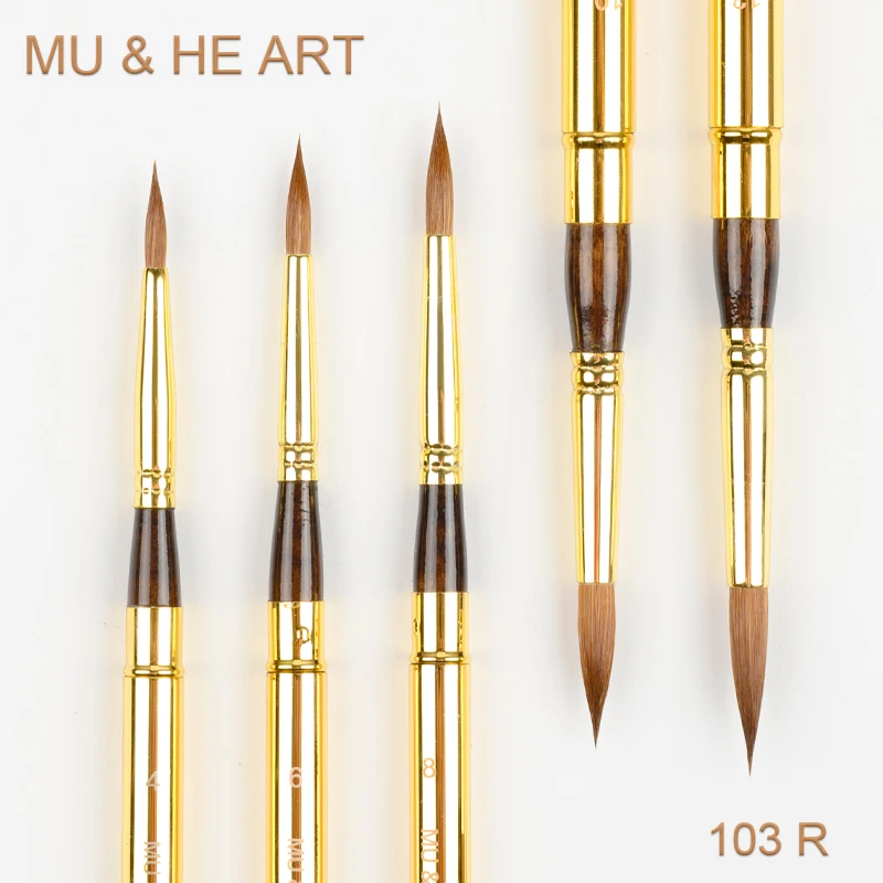 Фото Дорожная мини-ручка Kolinsky Hair Artist кисть для рисования акварелью, акрилом и маслом инструмент с золотым колпачком круглый Соболь 103R MU HE ART №1
