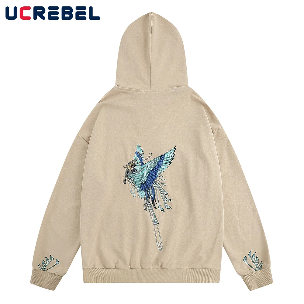 

Animal Embroidery Hoodies Mens Loose Casual Chinese Style Sweatshirts Autumn Winter Pocket Drop Shoulder Long Sleeve Top Men