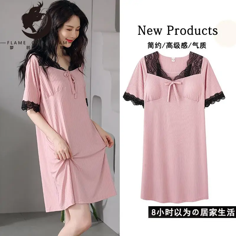 Flame Of Dream Nightgown With Breast  Short Sleeve Summer Female  Sweet Dress Home Clothes 22900