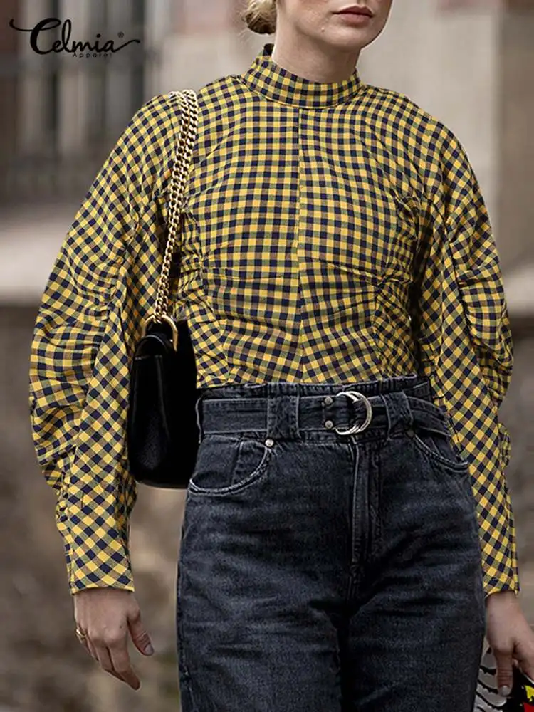 

Весна 2022, Офисная Туника Celmia, модная женская клетчатая рубашка, Элегантная блузка с пышными длинными рукавами, повседневные плиссированные ...