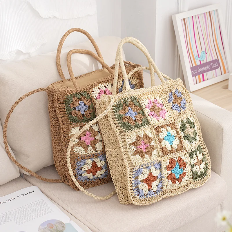 

Fashion Granny Square Straw Women Handbags Paper Woven Shoulder Bags Bohemian Handmade Summer Beach Bag Bali Shopper Purses