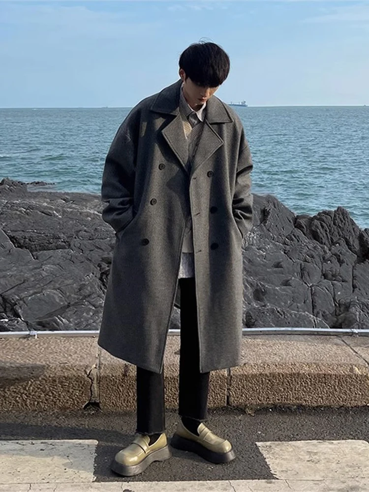 Модное брендовое черное шерстяное пальто мужское средней длины новинка 2024