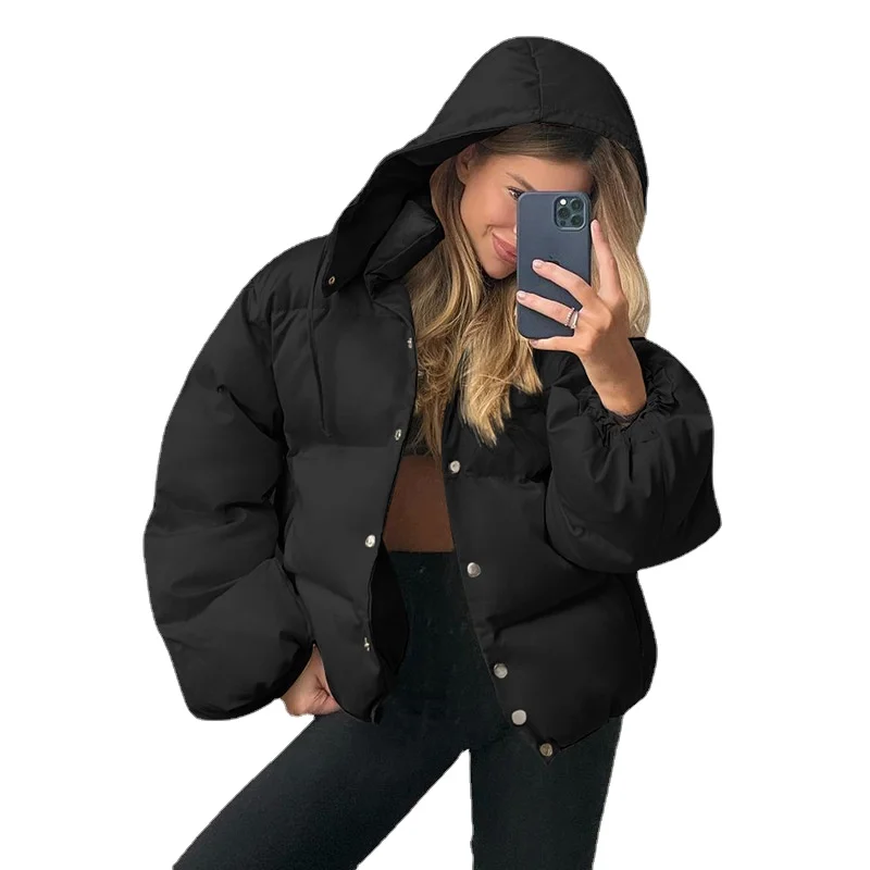 Women's Autumn and Winter Fashion Simple ButtonPadded Jacket Women's New Temperament Short Padded Jacket Solid Color Jacket