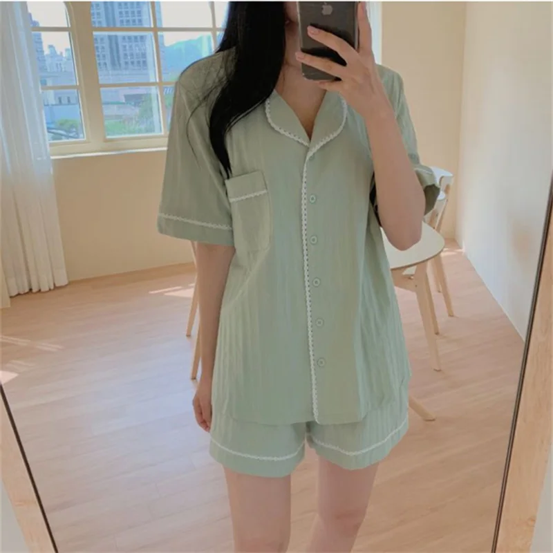 Korean Green Summer Pajamas Set Women Single Breasted Shirts + Shorts Set Two Piece Home Suit Cotton Sweet Lace Sleepwear