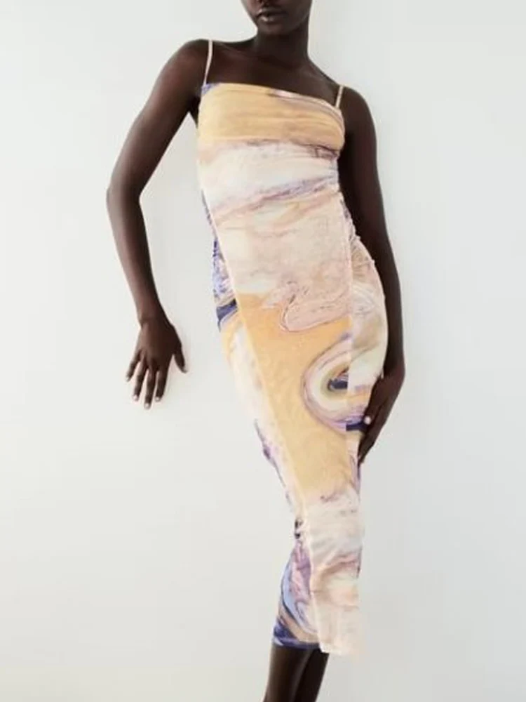 

2023 Women Summer Sheath Strap Dress Vintage Print Mesh Fabric Sleeveless Female Elegant Street Slim Elasticity Dresses