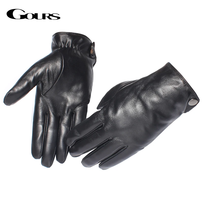 GOURS Winter Real Leather Gloves Men Black Genuine Goatskin Touch Screen Gloves Fleece Lining Warm Driving Buttons New GSM051