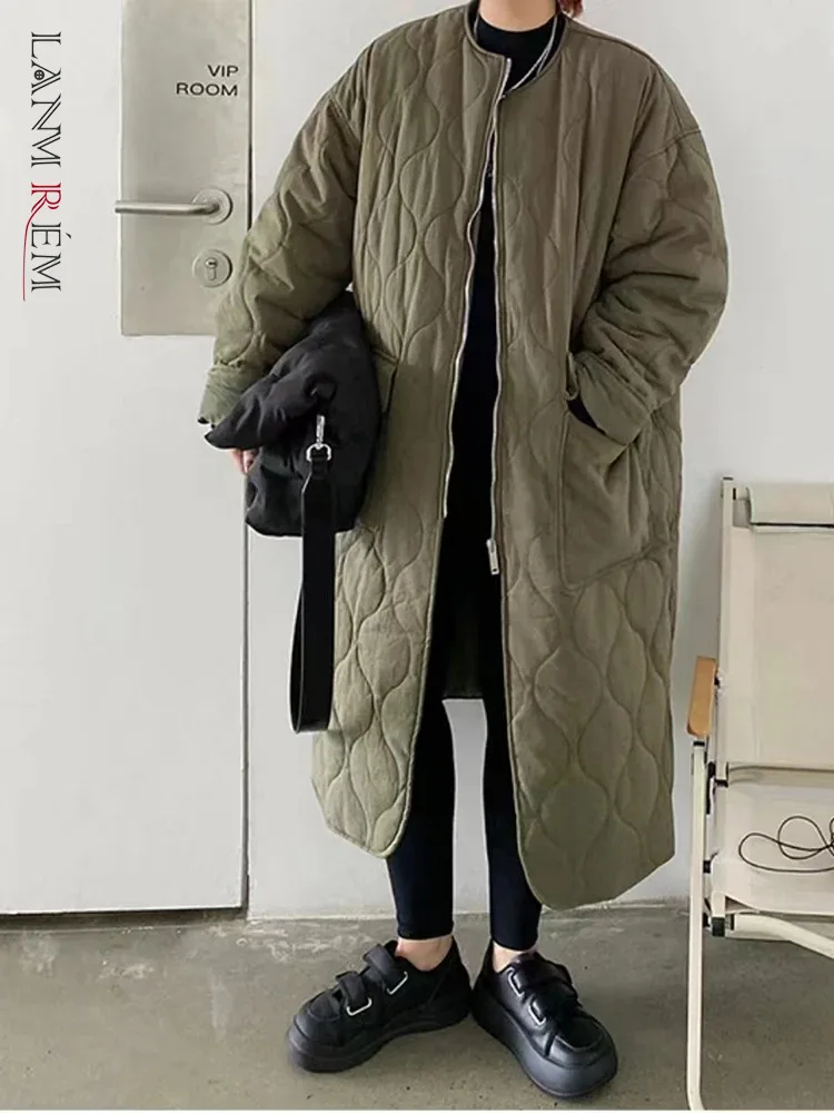 

Женское хлопковое пальто LANMREM, свободное теплое пальто средней длины с круглым вырезом и длинными рукавами, стильная модная одежда, 2DA2209