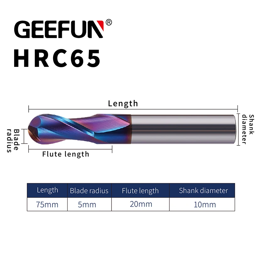 

GEEFUN R5mm / Length 75mm 2 Flutes Tungsten Carbide Ball Nose End Mill