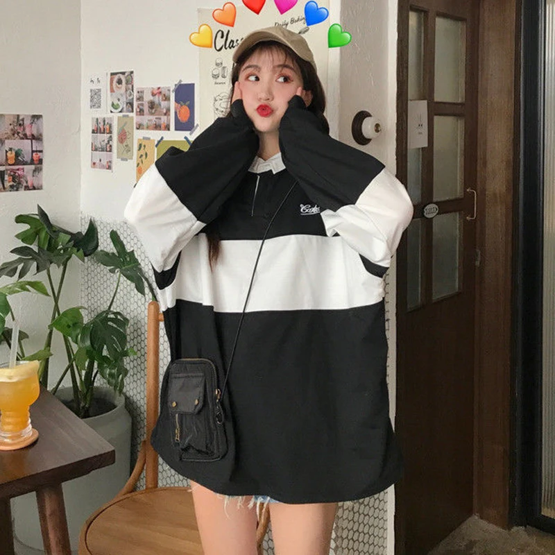 

Женские футболки с длинным рукавом, полосатые Свободные Студенческие женские осенние Топы с вышитыми буквами и отложным воротником для кол...