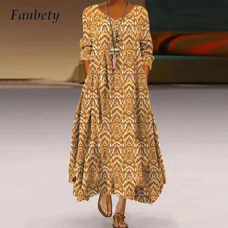 

Платье-Макси женское с круглым вырезом, рукавом 3/4 и карманами