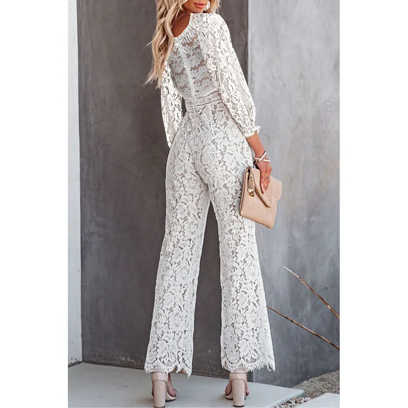 White Black Women Bodysuits 2023 New Lace Sexy Hollow Applique Deep V-neck Slim Waist Pants Fashion Office Party Jumpsuit