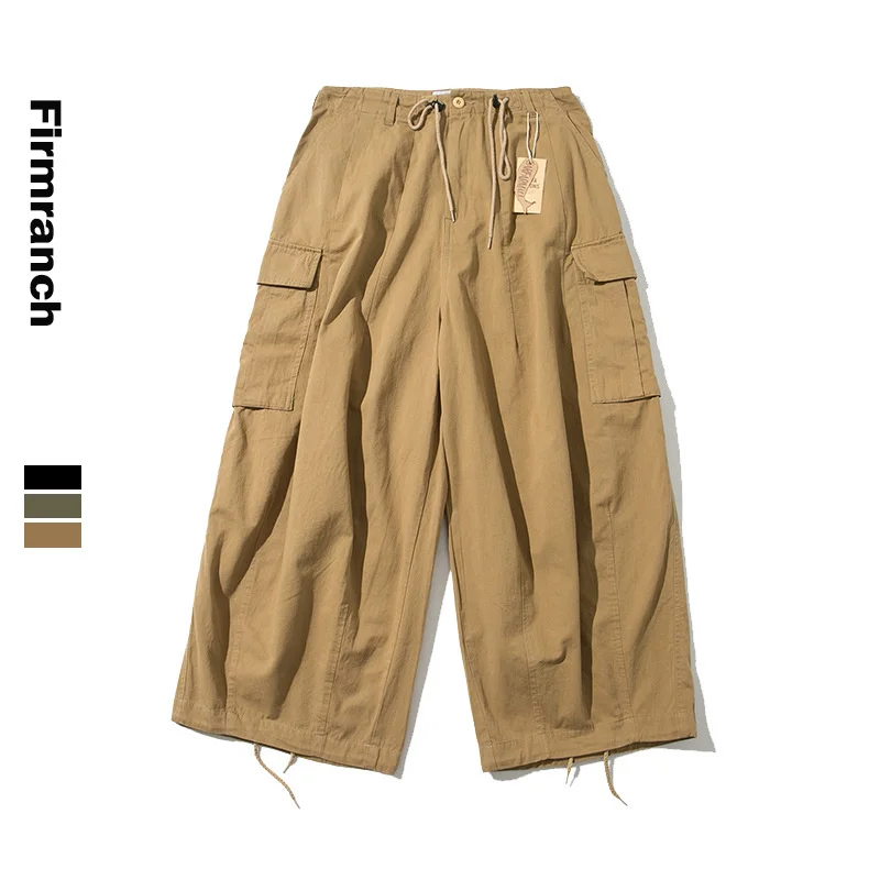 

Firmranch New Spring Men/Women Amekaji Oversize Casual INS Hot Wide legs Pants Cargo Loose American Causal Japanese Trousers