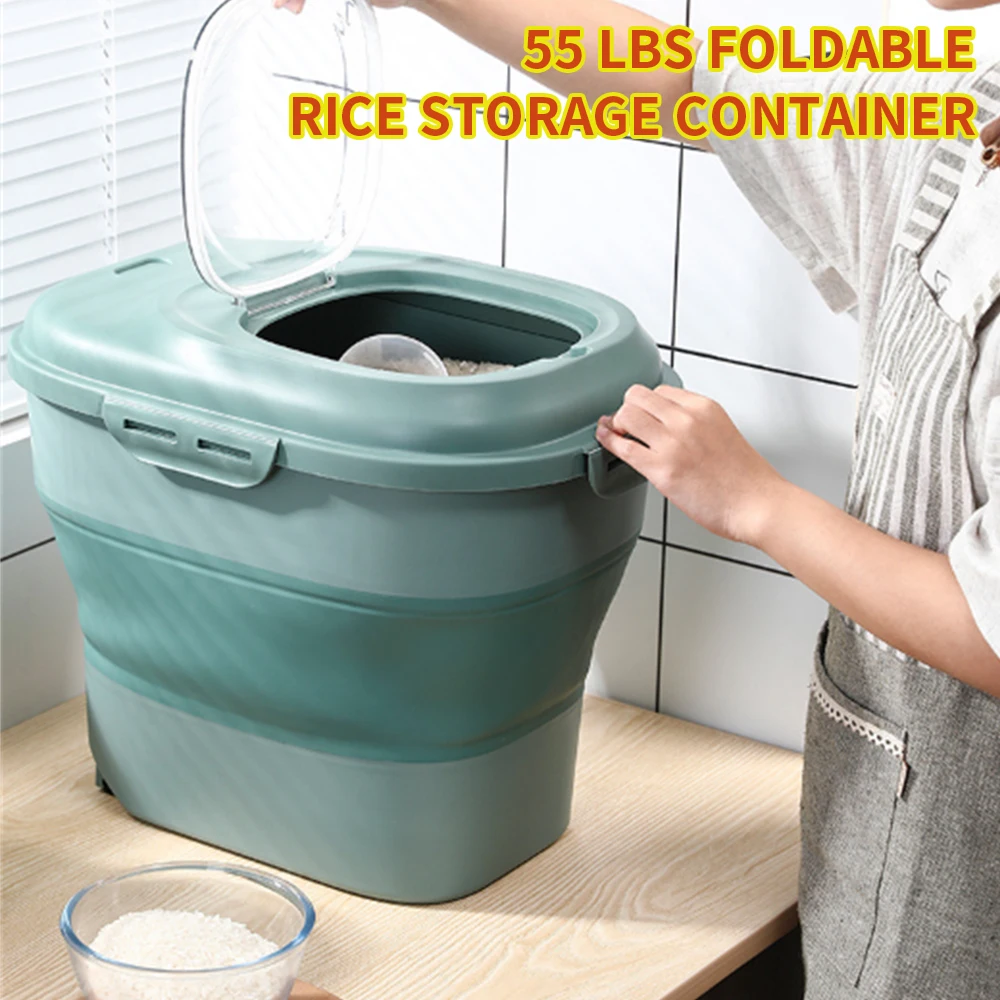 

Cereal Rice Food Storage Containers, Collapsible 15 to 55 Lbs Dispenser Bin Dog Pet Cat Flour Sugar Plastic Leakproof Sealable