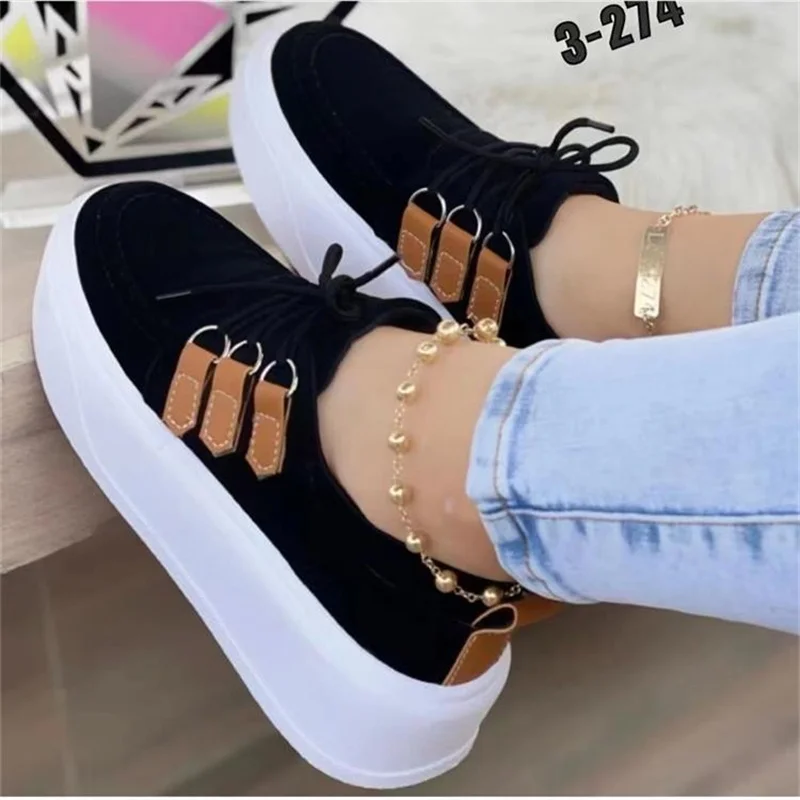2023 Platform Shoes for Women Solid Color Lace-Up Sneakers Lady Vulcanized Shoes Female Comfort Casual Flats Sport Shoes