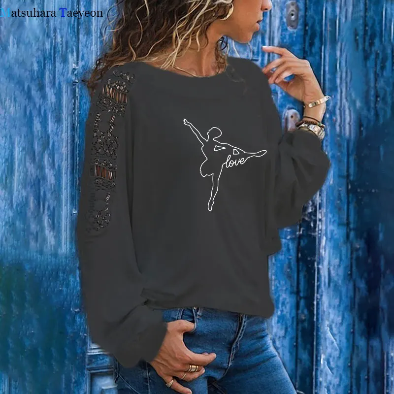 

Dance Ballet Print Tshirt Women Fashion Casual Harajuku T-shirt O-Neck Hollow Out TShirt Autumn Long Sleeve Shirts for Women Tee