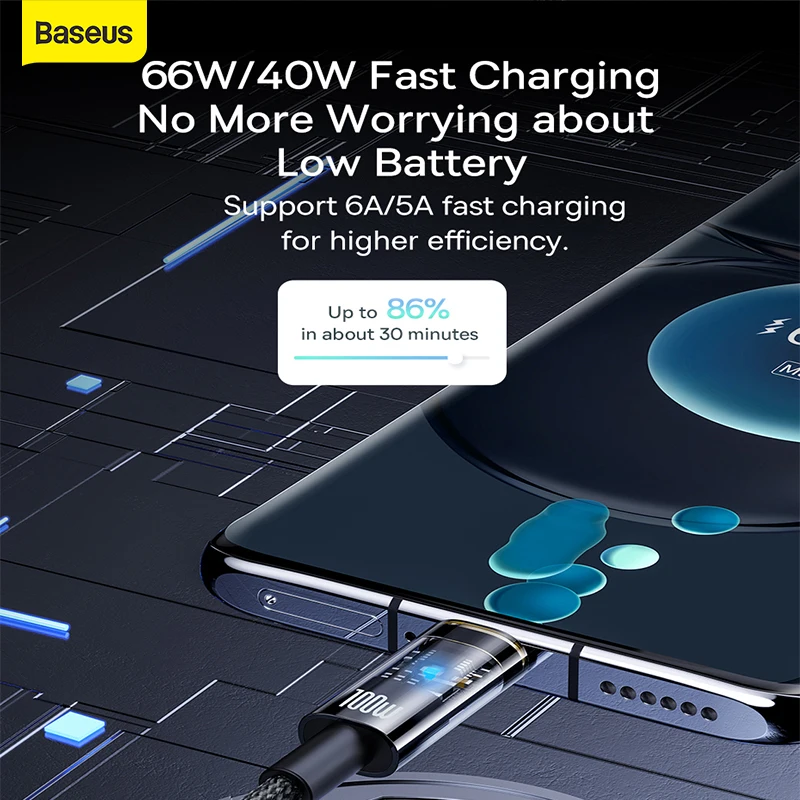 Baseus Auto Smart Power-Off 100W USB Type C Cable For Honor 50 Pro Charger Cable 66W 40W Fast Charging For Huawei P50 Mate40 Pro