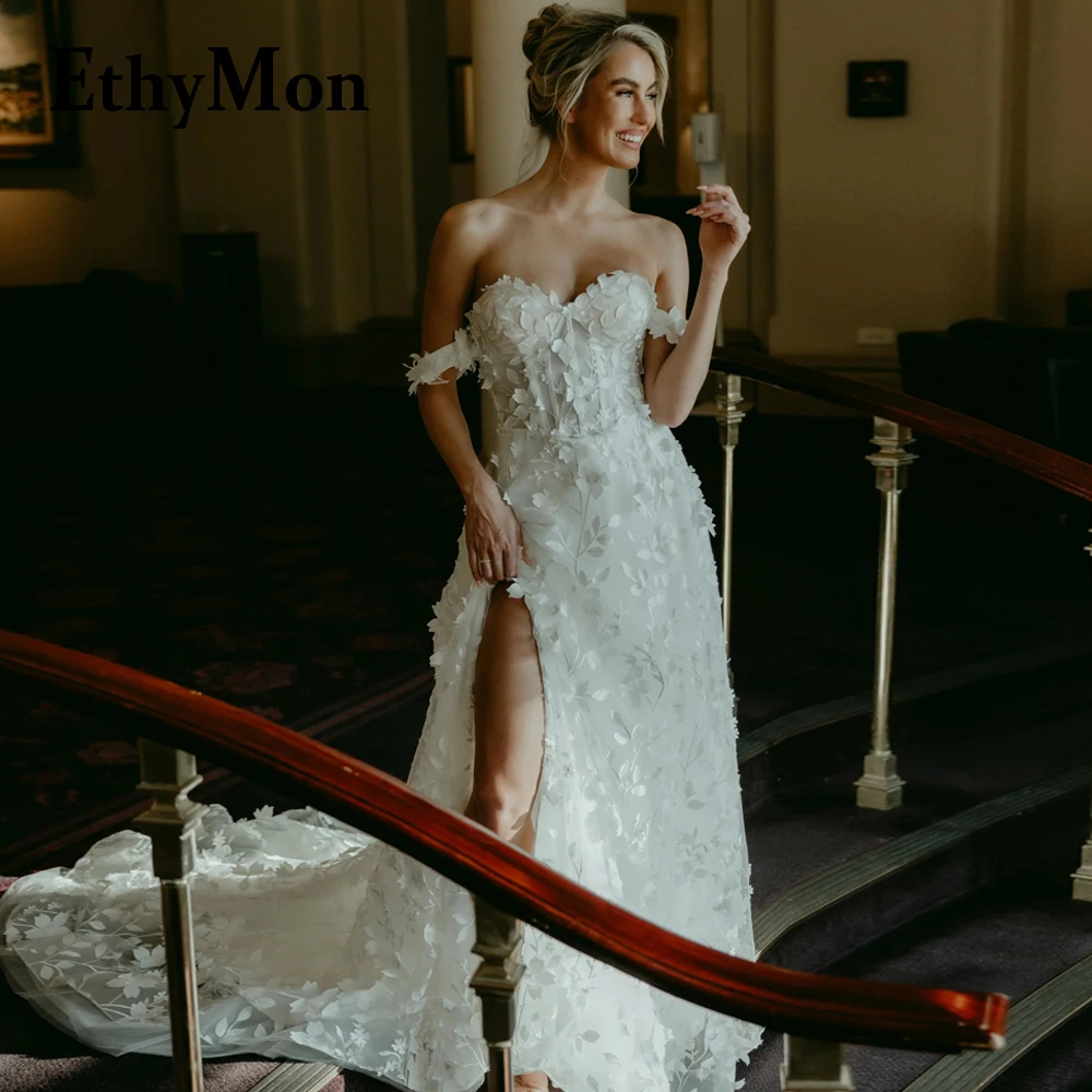

Ethymon Charming A-line Wedding Dress For Women Leaf Appliques Slit Sweetheart Off the Shoulder Vestidos De Novia Customised