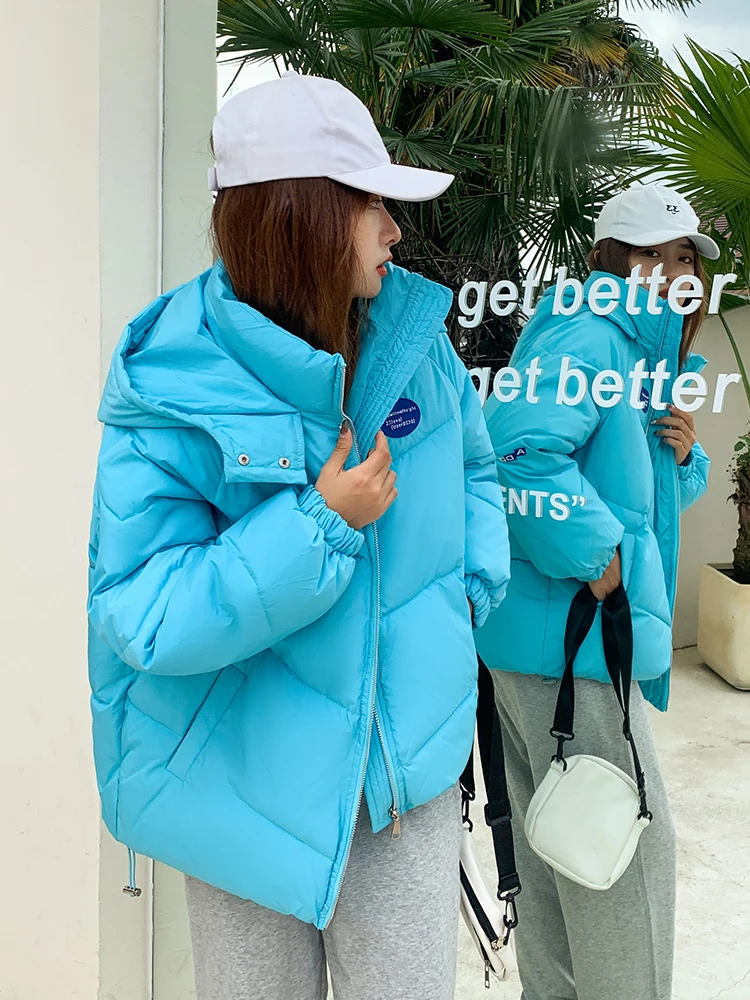 Korean Style Winter Jacket For Women Hooded Oversize Loose Puffer Parka Warm Thicken Coat Fashion Solid Color White Black Blue