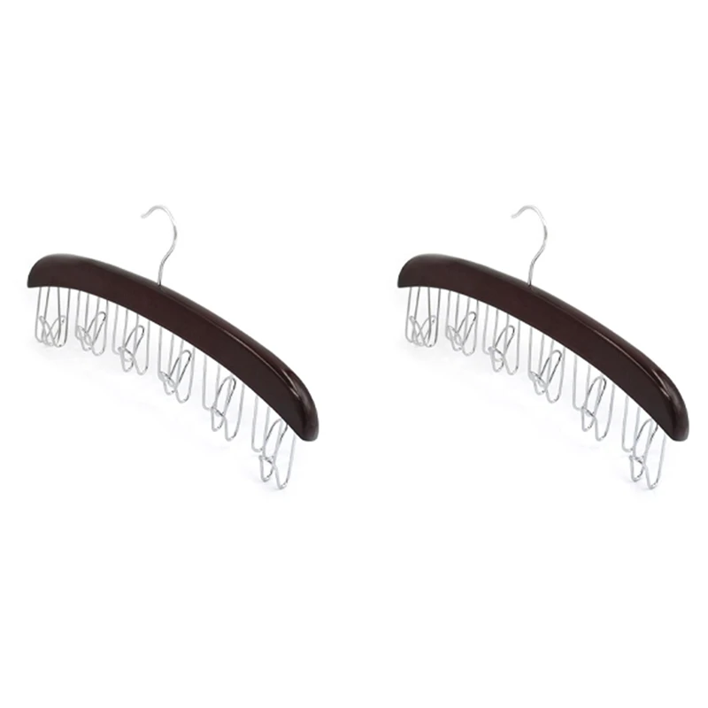 

2X Multifunctional Wooden Belt Hanger Belts Rack Tie Hanger Scarf Holder Wardrobe Storage Hanger 12 Hooks Walnut