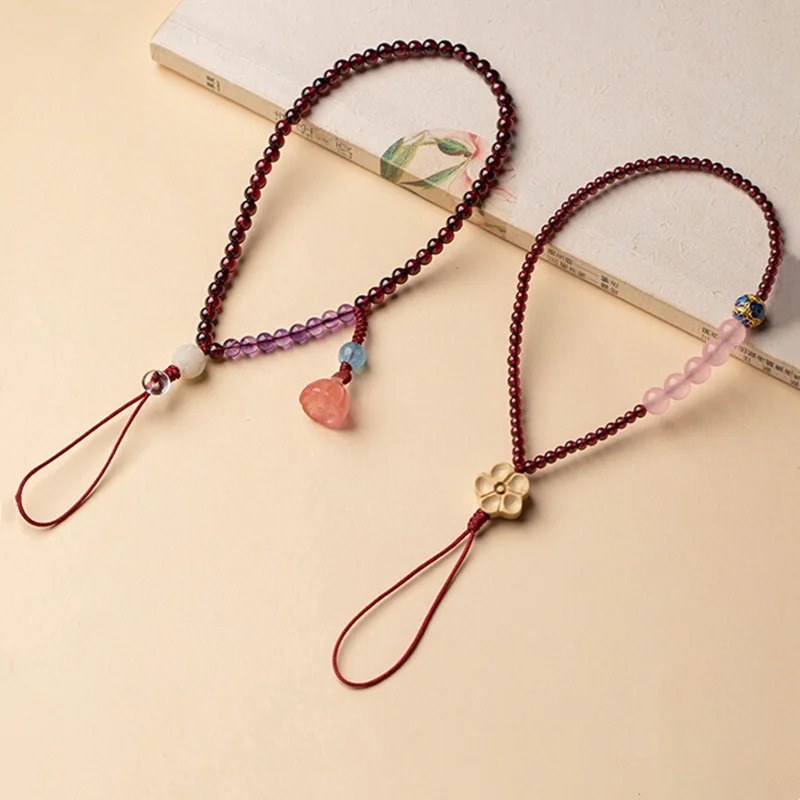 

OriginalDIY Natural Wine Red Garnet Mobile Phone Pendant Chain Short Hanging Wrist Rope Crystal Pendant Personalized Female Gift