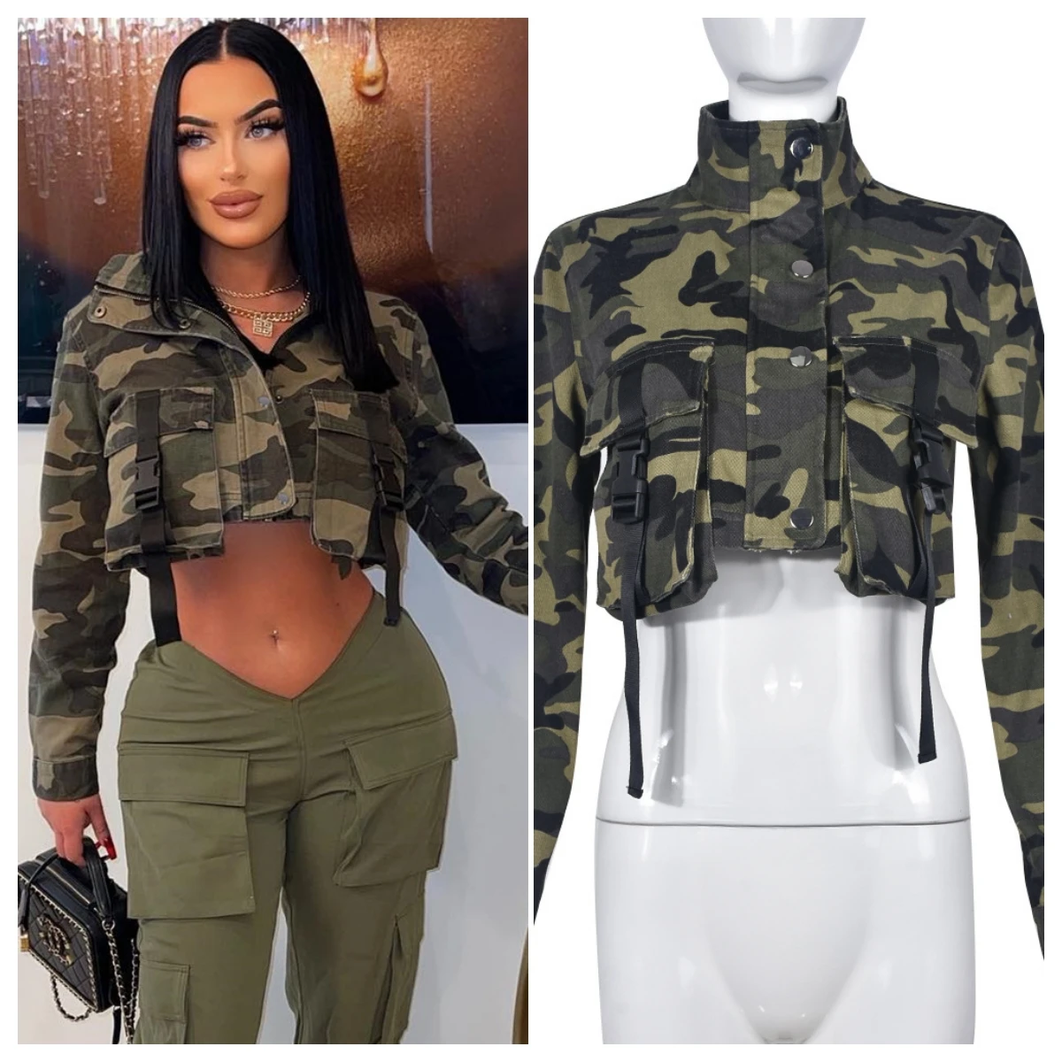 

Fashion Casual Women Camouflage Jacket Coat Drawstring Streetwear Turn Down Collar Full Sleevel Clothes For Women Winter Outfit