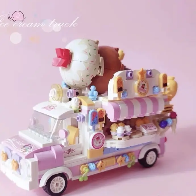 

Cute City Street View Ice Cream Car Food Shop Mini Building Blocks Camping Vehicle Friends Bricks DIY Toys for Children Girls