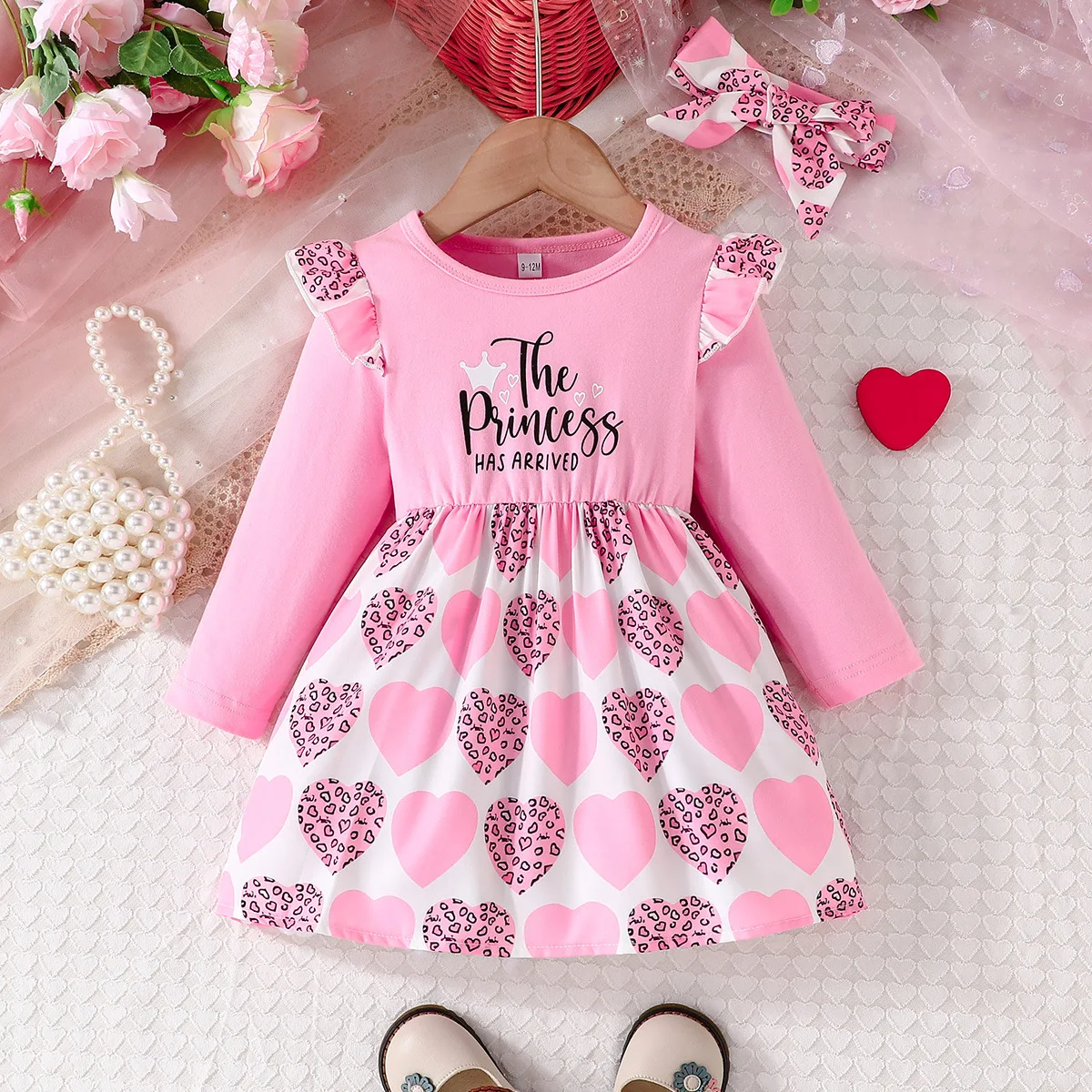 Зимнее платье для девочек 2024 с длинным рукавом и оборками милые розовые