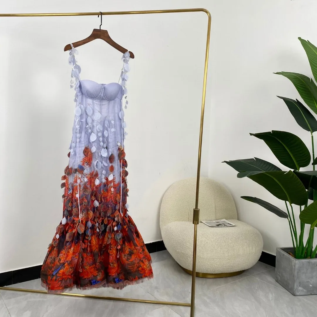 

Top Quality Designer Chic Women Dress Red Flowers Print Leaf Tassels Silk Linen Sleeveless Elegant Mermaid Midi Dresses