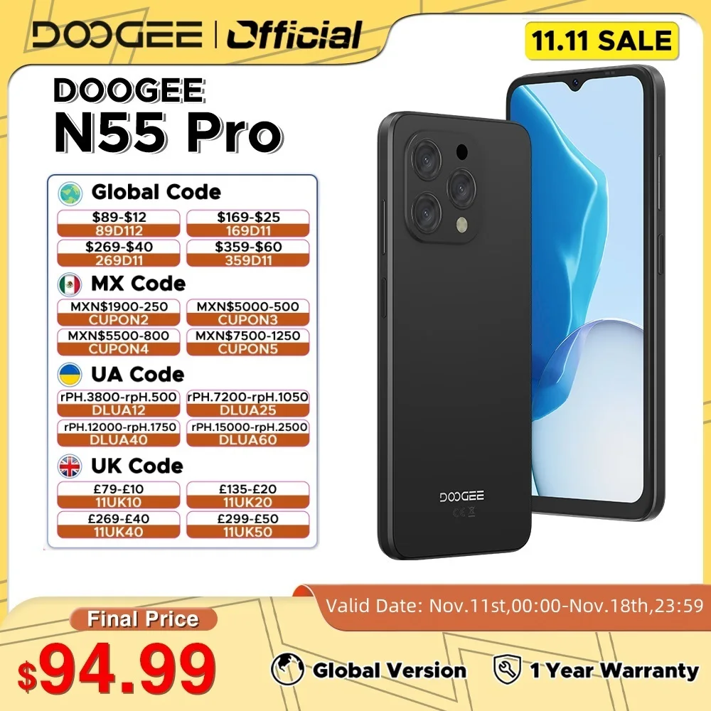 Смартфон DOOGEE N55 Pro 6 56 дюйма 90 Гц IPS-дисплей ГБ 256 восьмиядерный процессор 13 МП AI
