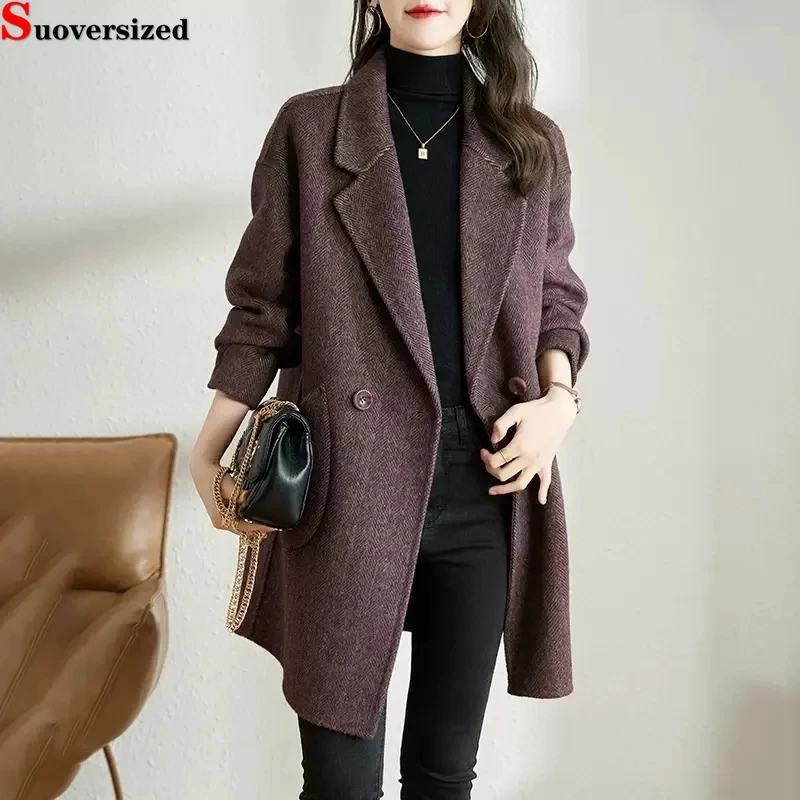 

Elegant Thicken Cotton Lined Warm Jacket Sobretudo Casual Pockets Mid Length Oversized 4xl Abrigos Winter Women Wool Blend Coats