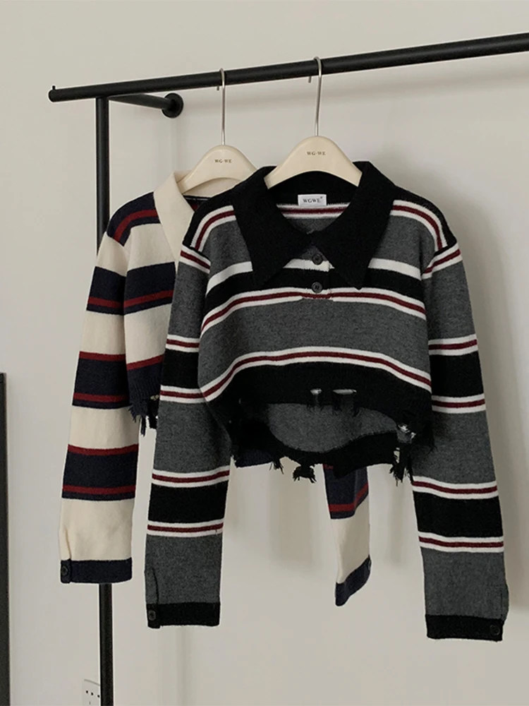 

Женский полосатый Укороченный джемпер с лацканами и длинным рукавом